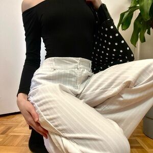 Elegant Formal White Mid Rise Ribbed Pants